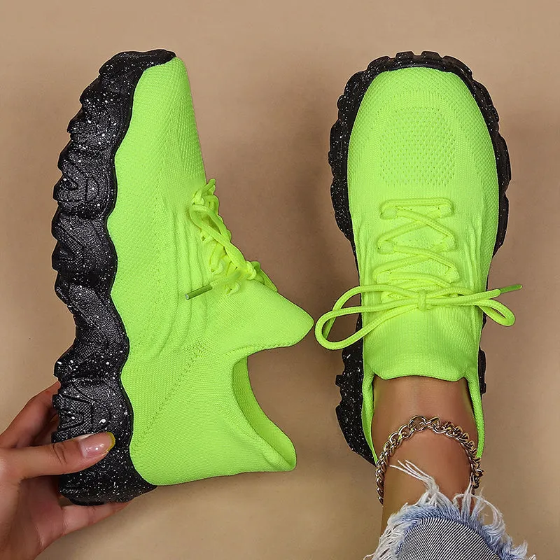 Women's neon color knitted breathable soft lace-up sneakers for summer